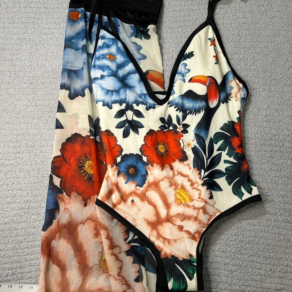 Retro One Piece Swimsuit Sarong Set 3XL Floral Toucan Ivory Excellent Resort